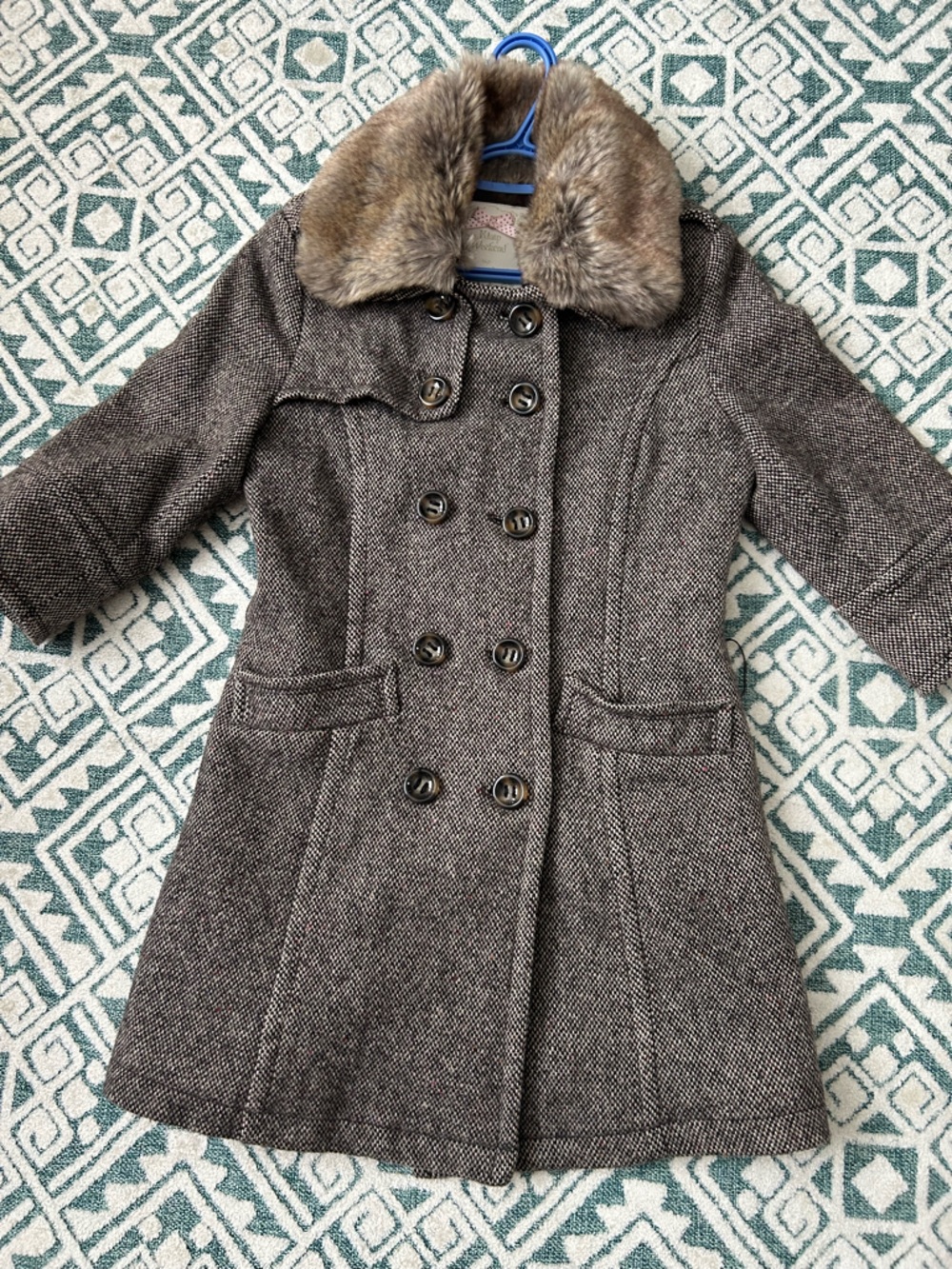 Women's Gray Double-Breasted Wool-Blend Coat with Faux Fur Trim